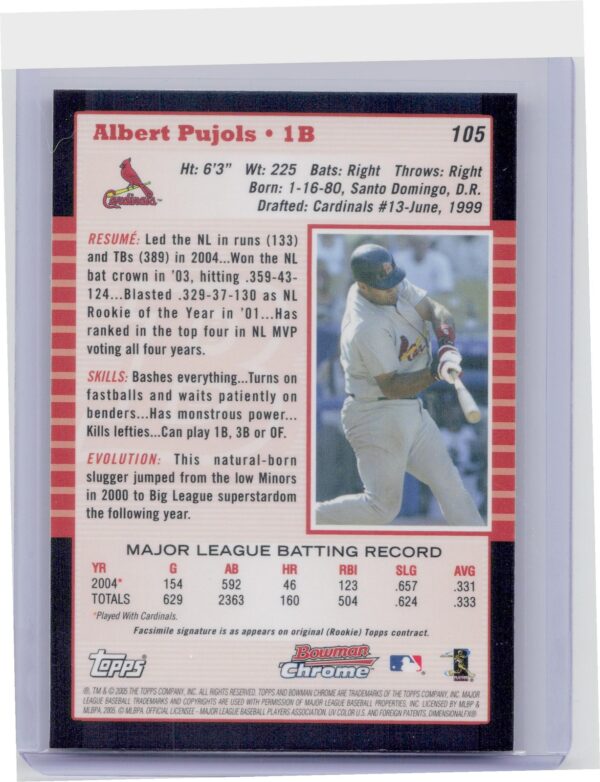 2005 Bowman Chrome Albert Pujols #105 Cardinals - Image 3