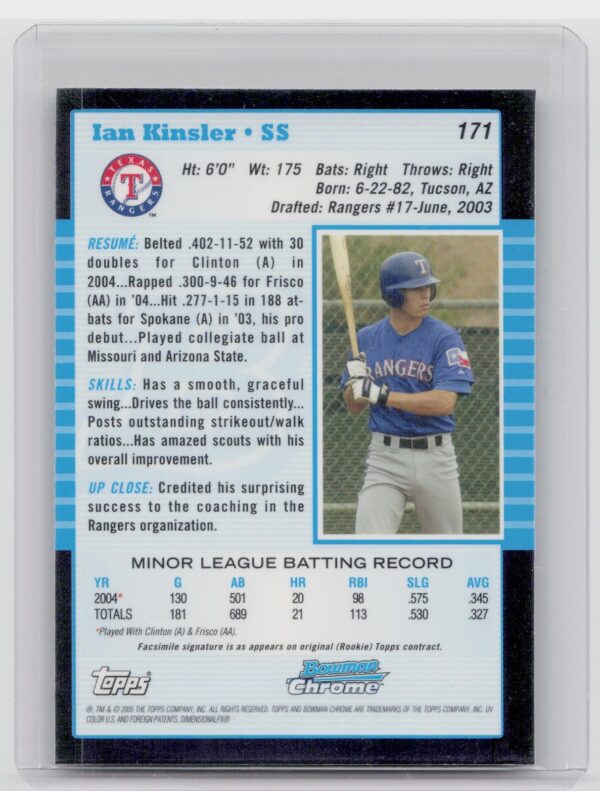 2005 Bowman Chrome Ian Kinsler RC #171 Rangers - Image 3