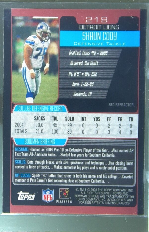 2005 Bowman Chrome Shaun Cody RC #219 Lions - Image 3