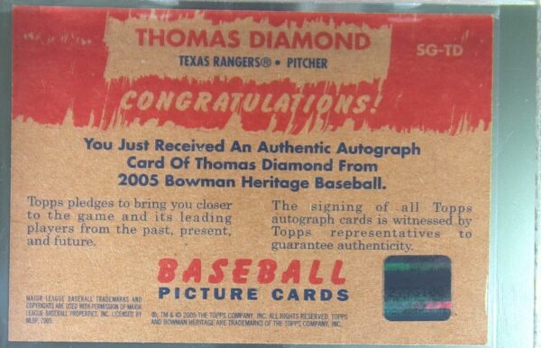 2005 Bowman Heritage Thomas Diamond Auto #SG-TD Rangers Signs of Greatness - Image 3
