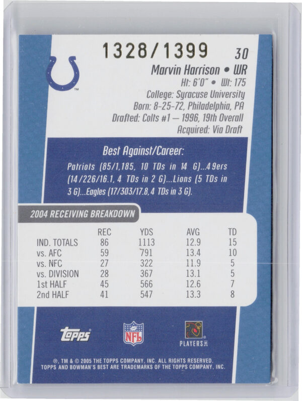 2005 Bowman's Best Marvin Harrison Blue SN1399 #30 Colts - Image 3