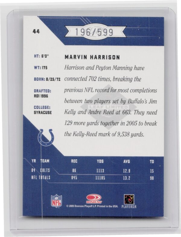 2005 Leaf Limited Marvin Harrison /599 #44 Colts - Image 3