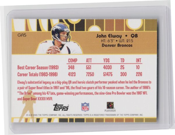 2005 Topps John Elway #GA5 Broncos Golden Anniversary Golden Greats - Image 3