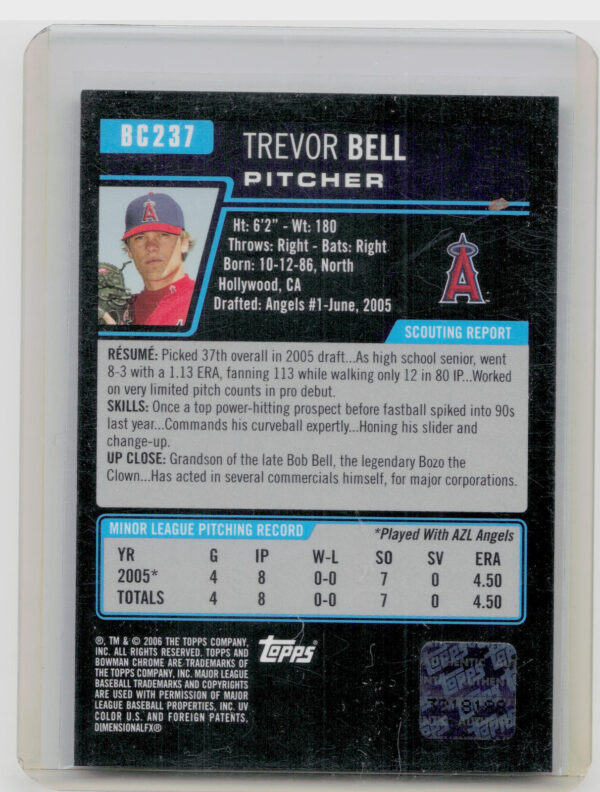 2006 Bowman Chrome Trevor Bell AU #BC237 Angels Prospects - Image 3