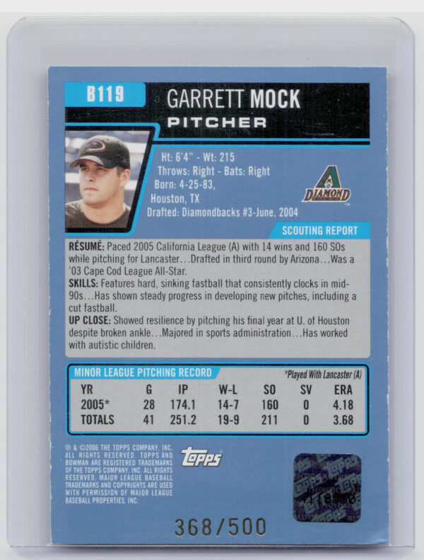 2006 Bowman Garrett Mock AU SN500 #B119 Diamondbacks Prospects Blue - Image 3