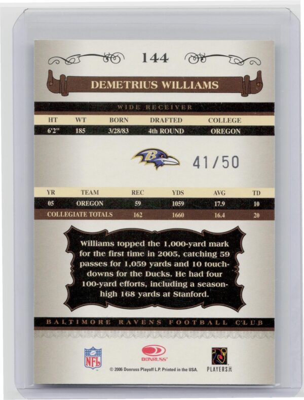 2006 Donruss Classics Demetrius Williams Timeless Tributes Silver /50 #144 - Image 3