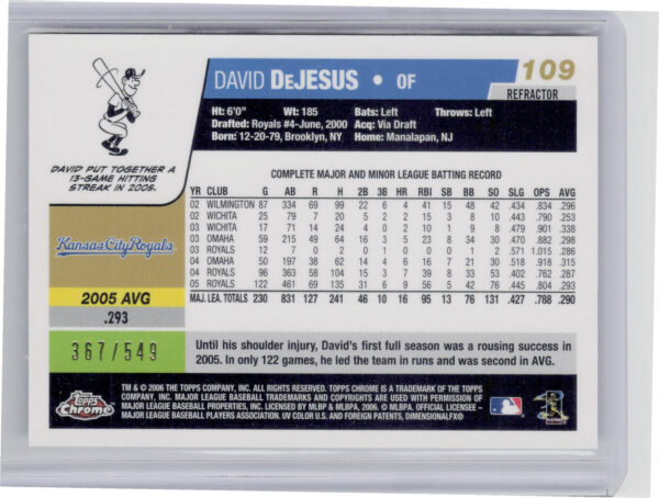 2006 Topps Chrome David DeJesus Black Refractors SN549 #109 Royals - Image 3