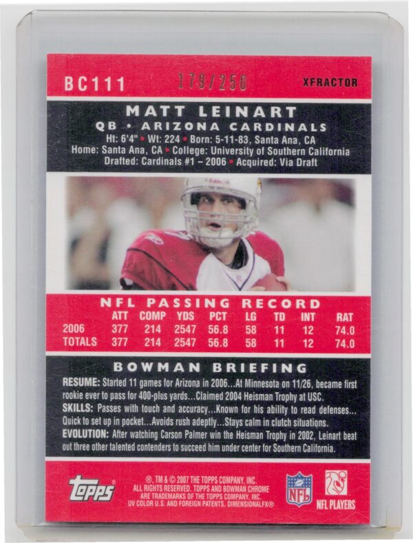 2007 Bowman Chrome Matt Leinart Xfractors /250 #BC111 Cardinals - Image 3