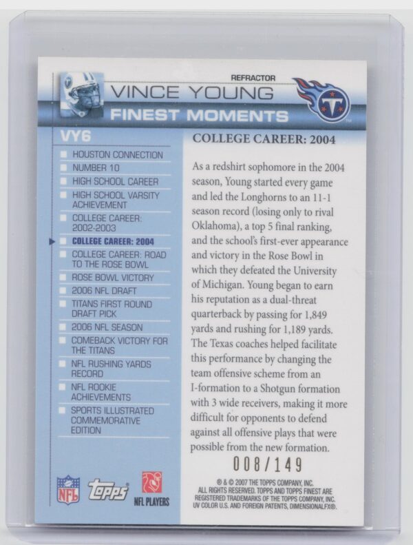 2007 Finest Vince Young /149 #VY6 Titans Moments Refractors - Image 3