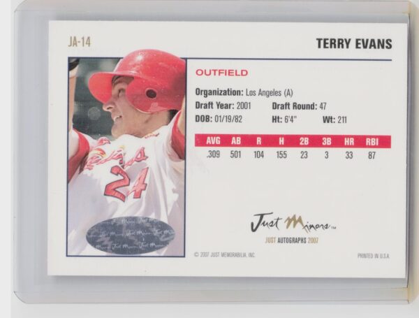2007 Just Autographs Terry Evans AU #JA-14 Angels Signatures - Image 3