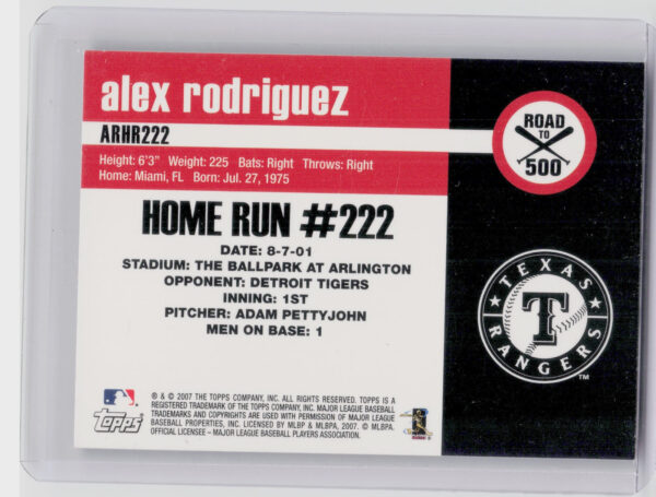 2007 Topps Alex Rodriguez #ARHR222 Rangers Alex Rodriguez: Road to 500 - Image 3