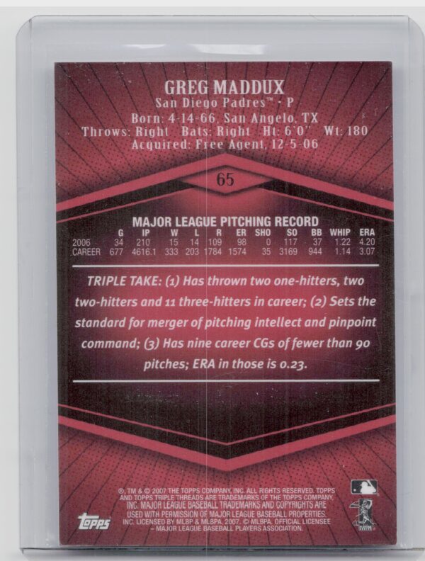 2007 Topps Triple Threads Greg Maddux SN1350 #65 Padres - Image 3