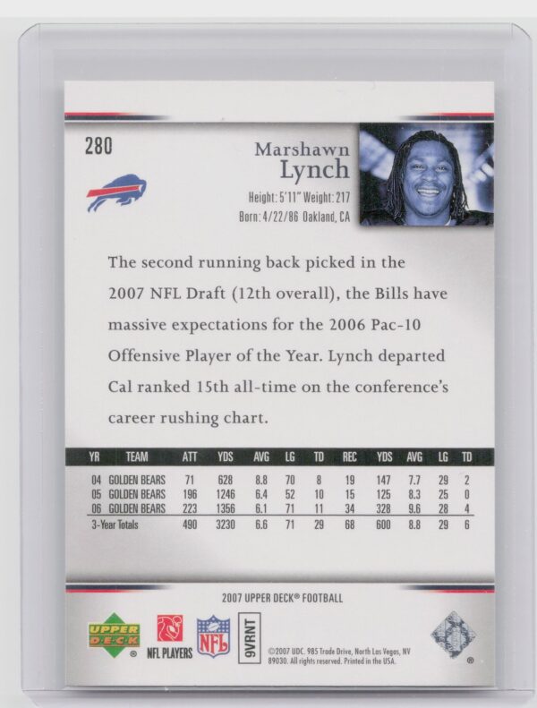 2007 Upper Deck Marshawn Lynch Rookie Exclusives Star Rookies #280 Bills - Image 3