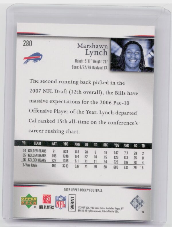2007 Upper Deck Marshawn Lynch Rookie Exclusives Star Rookies #280 Bills - Image 3