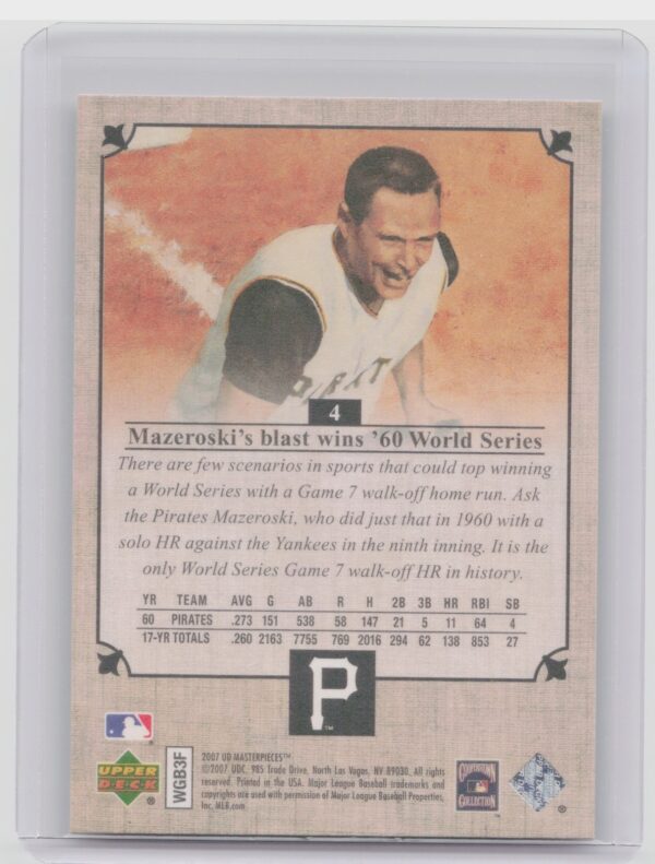 2007 Upper Deck Masterpieces Bill Mazeroski #4 Pirates - Image 3