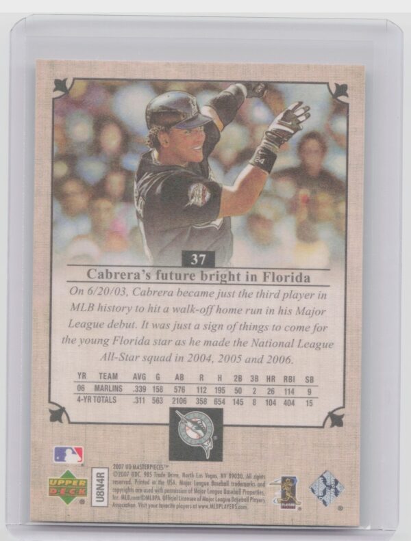 2007 Upper Deck Masterpieces Miguel Cabrera #37 Marlins - Image 3