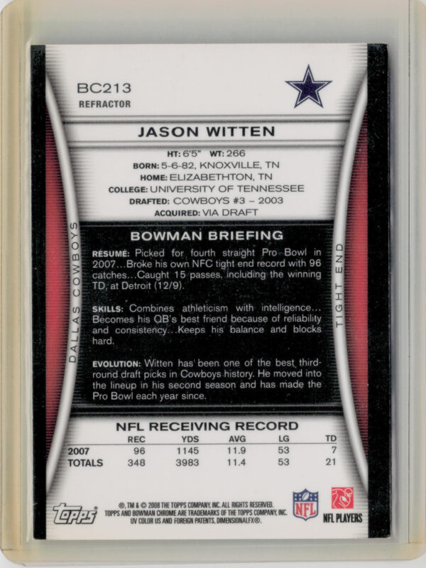 2008 Bowman Chrome Jason Witten Refractors #BC213 Cowboys - Image 3