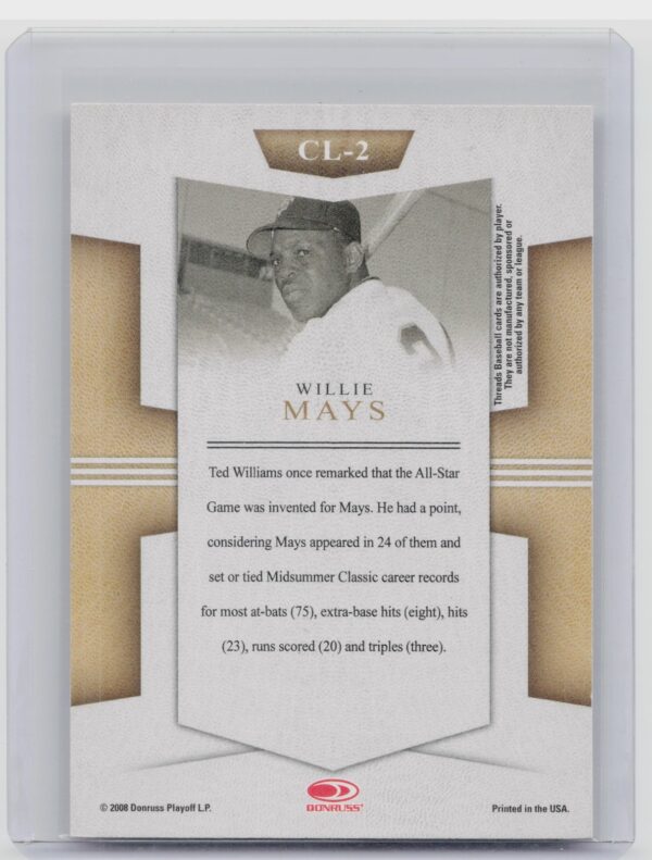 2008 Donruss Threads Willie Mays #CL-2 Giants Century Legends - Image 3