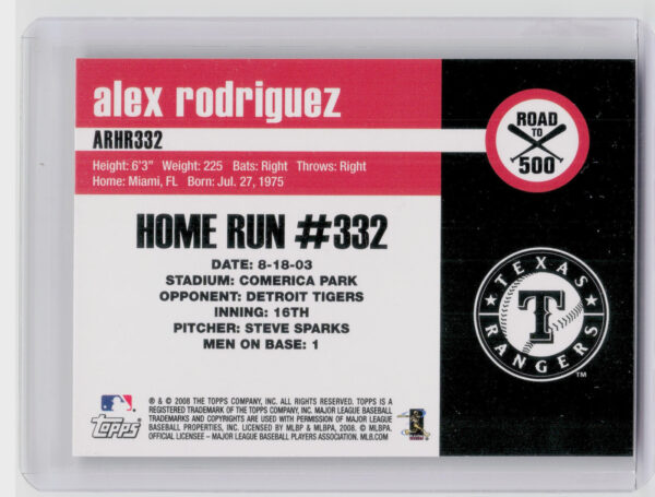 2008 Finest Alex Rodriguez #ARHR332 Rangers Alex Rodriguez: Road to 500 - Image 3