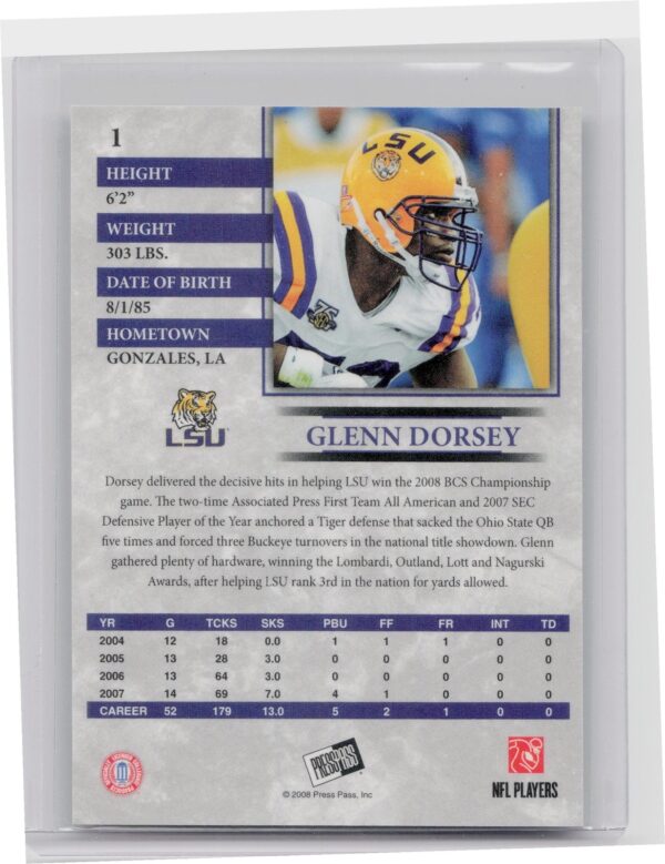2008 Press Pass Glenn Dorsey Reflectors Gold /100 #1 Tigers - Image 3