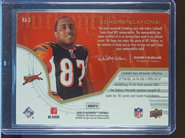 2008 SP Authentic Andre Caldwell JSY #RA-3 Bengals Rookie Authentics Jerseys - Image 3