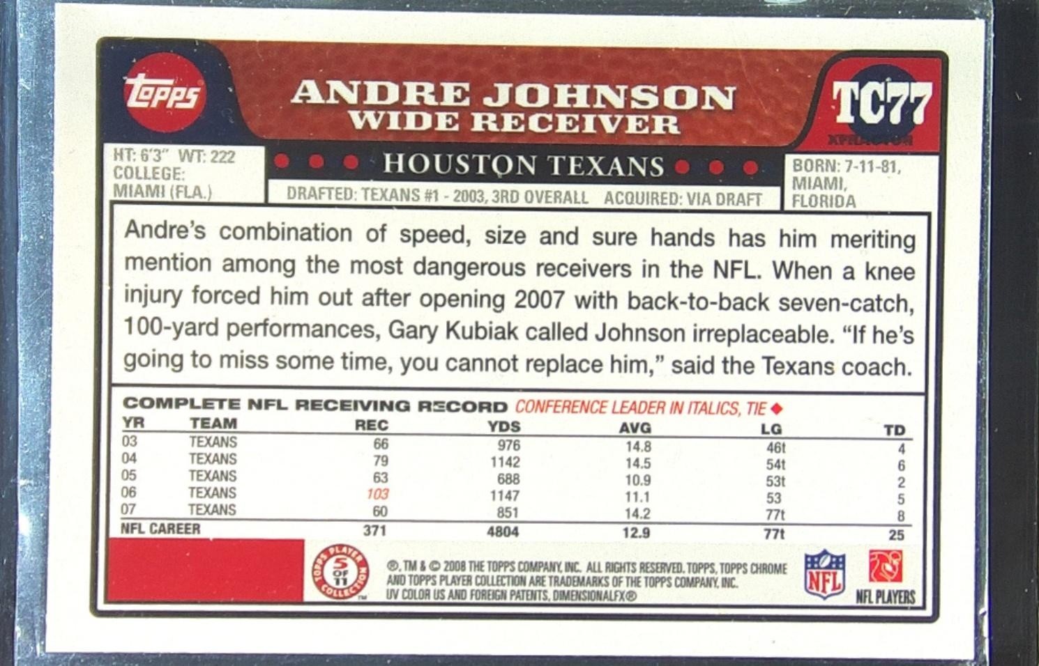 2008 Topps Chrome Andre Johnson Xfractors #TC77 Texans - Image 3