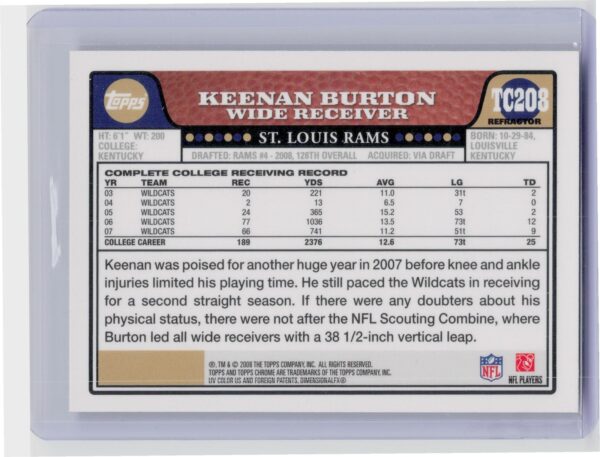 2008 Topps Chrome Keenan Burton Refractors #TC208 Rams - Image 3
