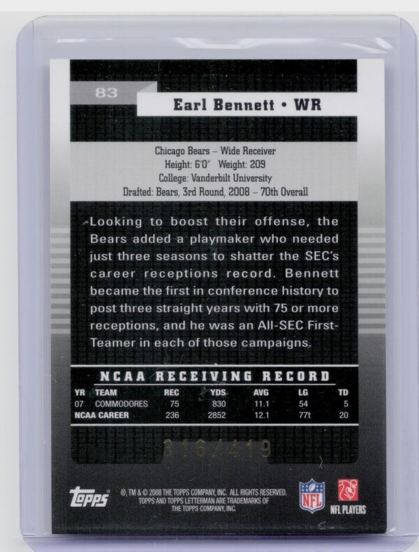 2008 Topps Letterman Earl Bennett /419 RC #83 Bears - Image 3