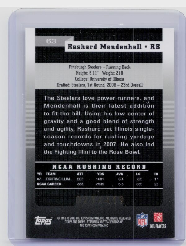 2008 Topps Letterman Rashard Mendenhall /419 RC #63 Steelers - Image 3