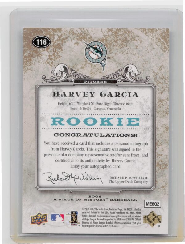 2008 Upper Deck A Piece of History Harvey Garcia AU SN75 #116 Marlins Rookie Aut - Image 3