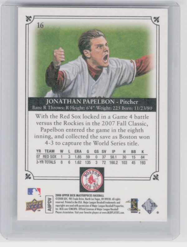 2008 Upper Deck Masterpieces Jonathan Papelbon #16 Sox - Image 3