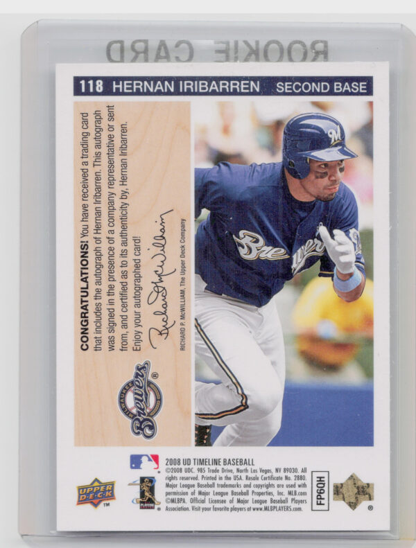 2008 Upper Deck Timeline Hernan Iribarren AU #118 Brewers 1992 UD Minor League A - Image 3