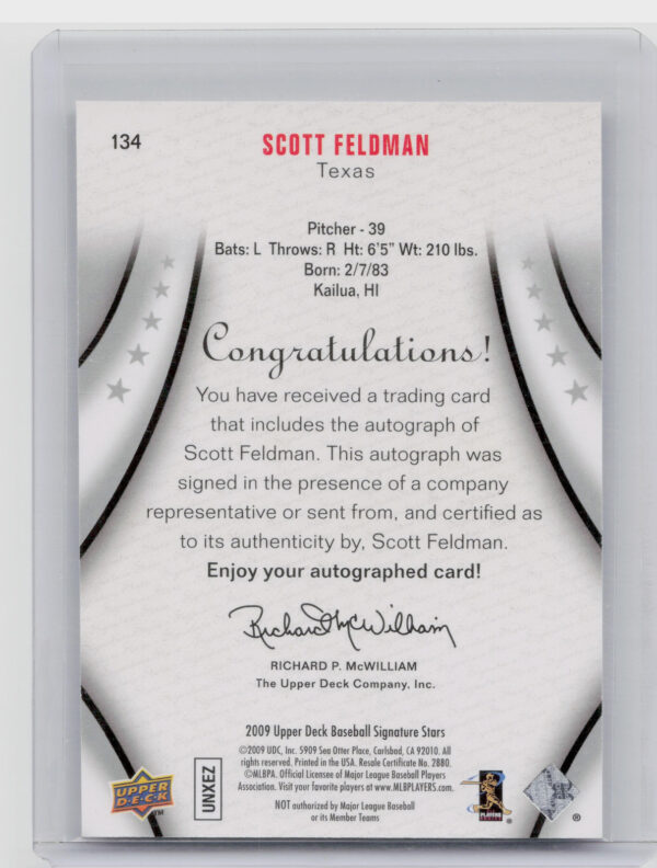 2009 Upper Deck Signature Stars Scott Feldman AU #134 Rangers - Image 3
