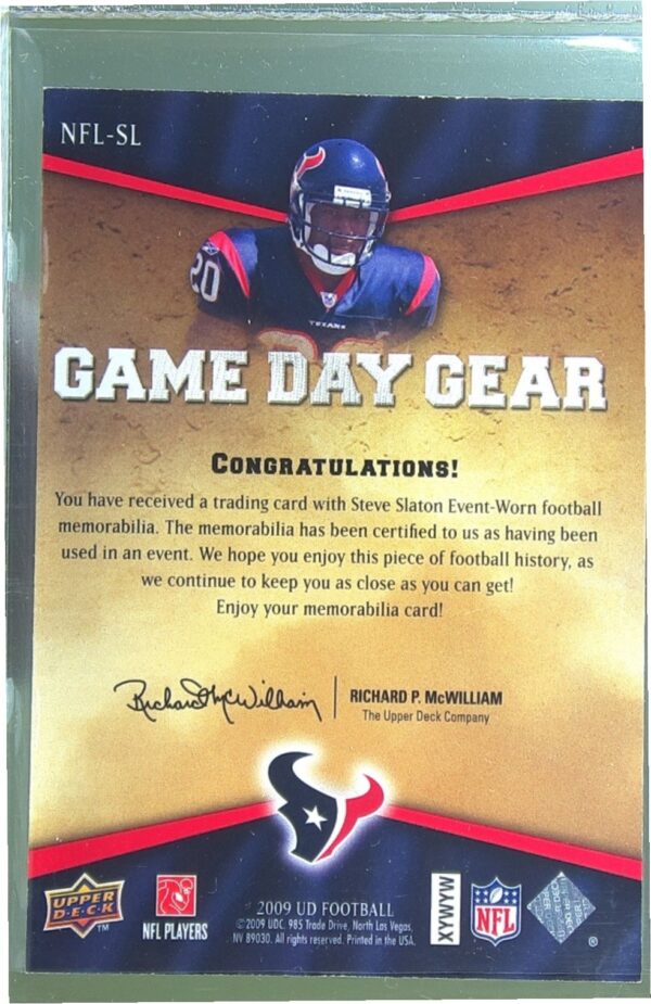 2009 Upper Deck Steve Slaton JSY #NFL-SL Texans Game Day Gear - Image 3