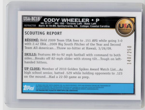 2010 Bowman Chrome Cody Wheeler #USA-BC18 USA /250 Blue Refractors - Image 3
