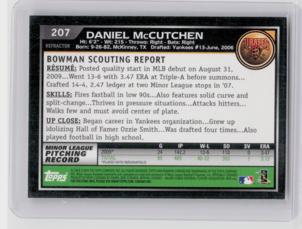 2010 Bowman Chrome Daniel McCutchen RC #207 Pirates - Image 3