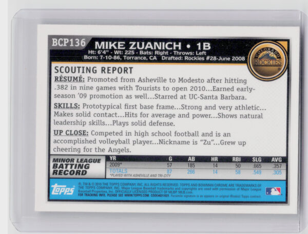2010 Bowman Chrome Mike Zuanich #BCP136 Rockies Prospects - Image 3