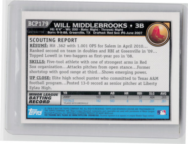 2010 Bowman Chrome Will Middlebrooks #BCP179 Sox Prospects Green X Fractors - Image 3