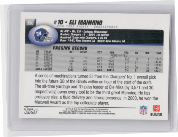 2010 Topps Chrome Eli Manning #350 Giants Anniversary Reprints - Image 3