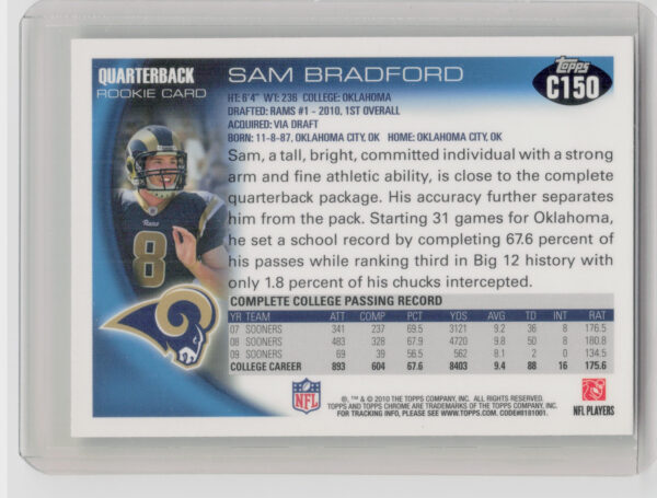 2010 Topps Chrome Sam Bradford RC #C150 Rams - Image 3