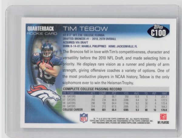 2010 Topps Chrome Tim Tebow RC #C100 Broncos - Image 3