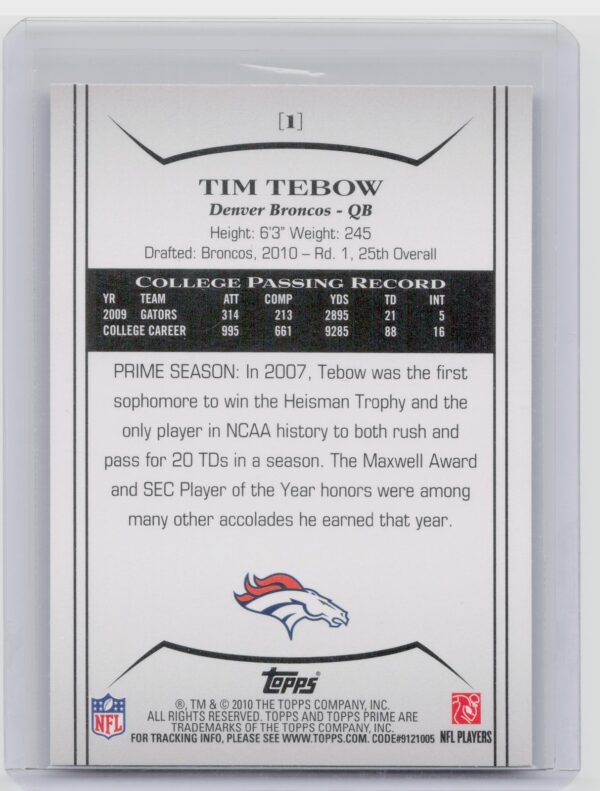 2010 Topps Prime Tim Tebow Retail RC #1 Broncos - Image 3