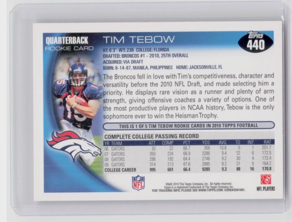 2010 Topps Tim Tebow RC #440 Broncos - Image 3