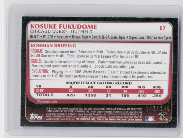 2011 Bowman Kosuke Fukudome Orange SN250 #67 Cubs - Image 3
