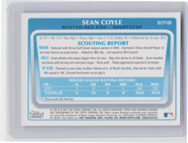 2011 Bowman Sean Coyle AU #BCP100 Sox Chrome Prospect Autographs - Image 3