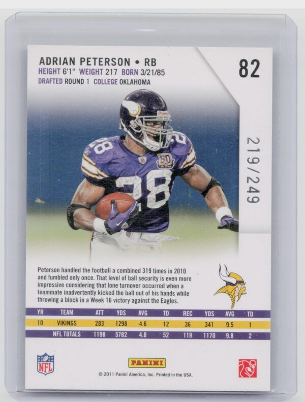 2011 Panini Rookies & Stars Adrian Peterson Longevity Silver /249 #82 Vikings - Image 3