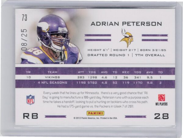 2011 Panini Totally Certified Adrian Peterson Gold SN25 #73 Vikings - Image 3