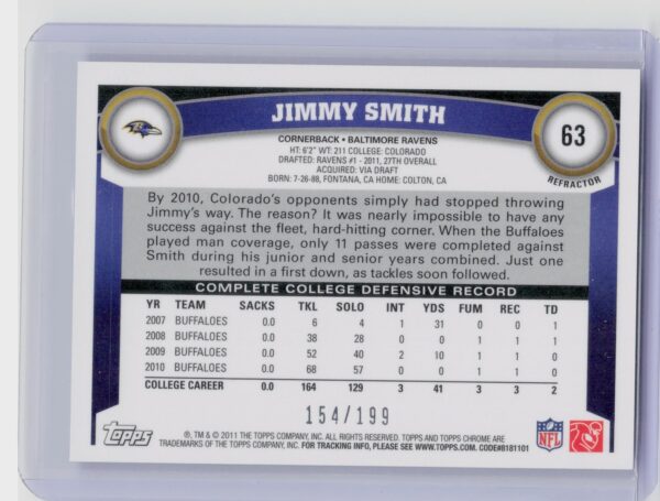 2011 Topps Chrome Jimmy Smith Blue Refractors /199 #63 Ravens - Image 3
