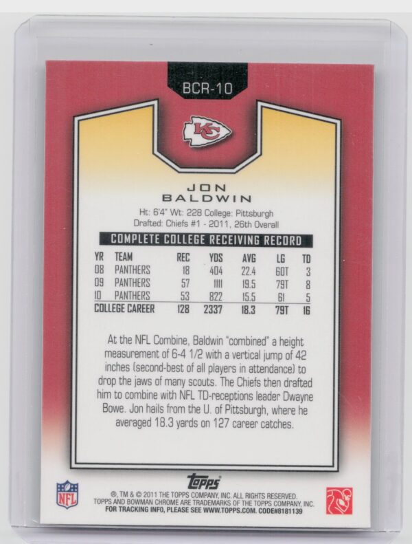 2011 Topps Chrome Jon Baldwin #BCR-10 Chiefs Bowman Chrome Rookies - Image 3
