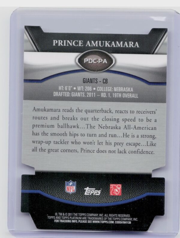 2011 Topps Platinum Prince Amukamara #PDC-PA Giants Die Cuts - Image 3